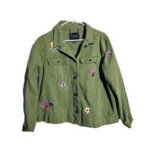 Buffalo David Bitton Jacket Womens Medium Green Cotton Canvas Floral Embroidered
